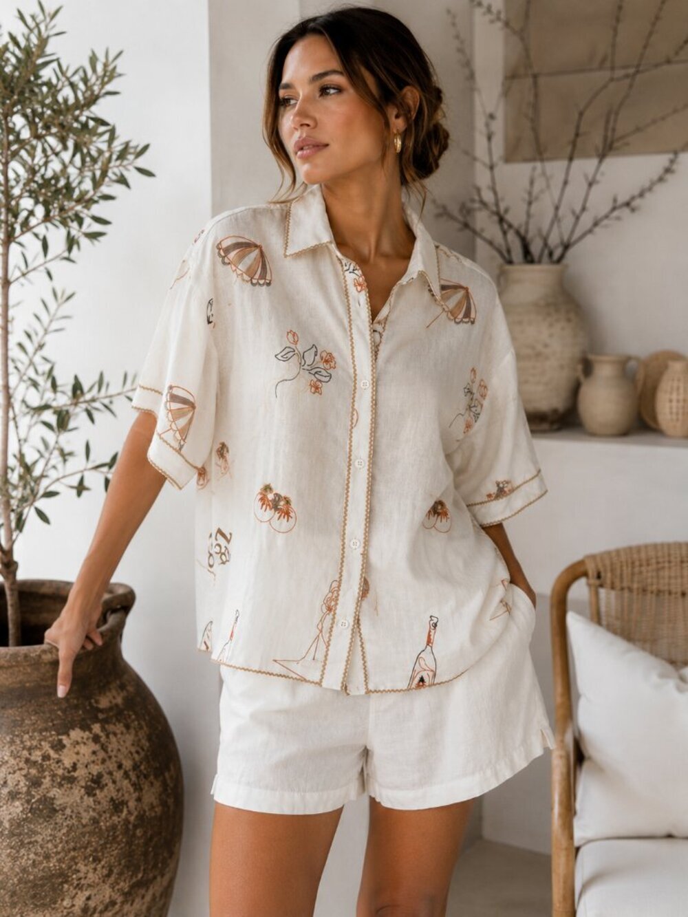 ZaCo Australia Shoreline Embroidered Linen Resort Shirt Ivory NWT Coastal Chic - Picture 2 of 10